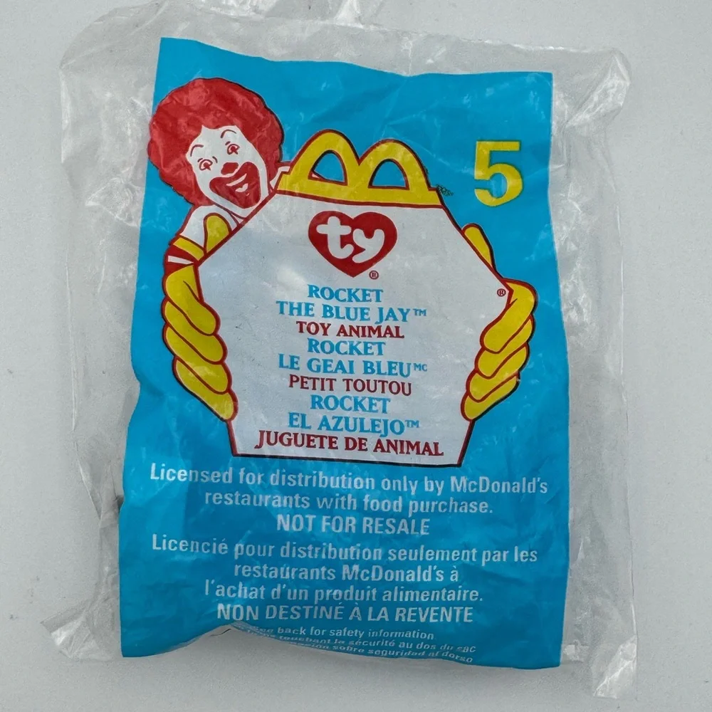 McDonalds: TY #5 ROCKET‎ the Blue Jay Bird Toy Beanie Baby Plush 1993 SEALED NEW